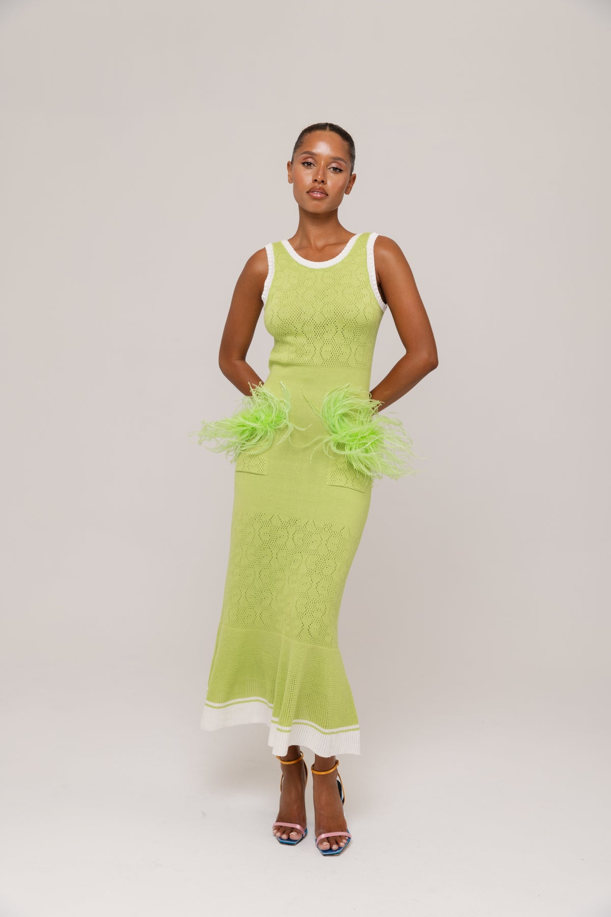 Apple Green Knit Midi Dress with Ostrich Feather Pockets