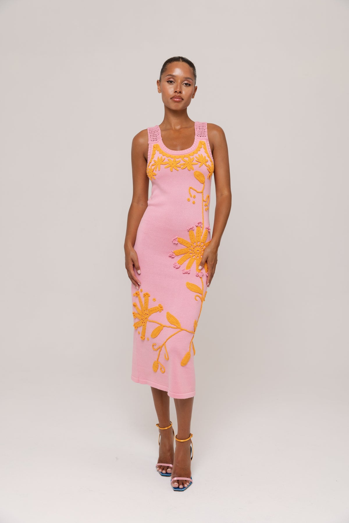 Pink Knit Midi Dress with Golden Handmade Floral Embroidery