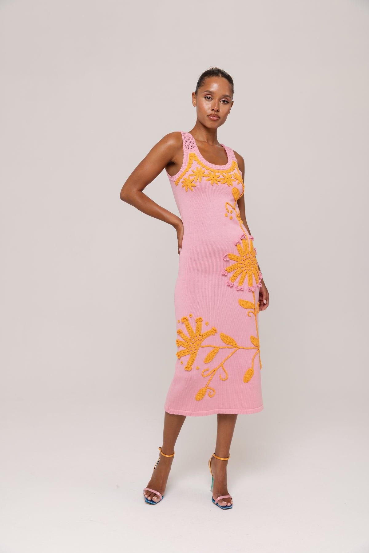 Pink Knit Midi Dress with Golden Handmade Floral Embroidery