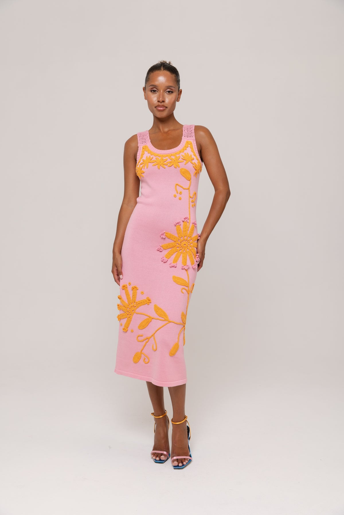 Pink Knit Midi Dress with Golden Handmade Floral Embroidery