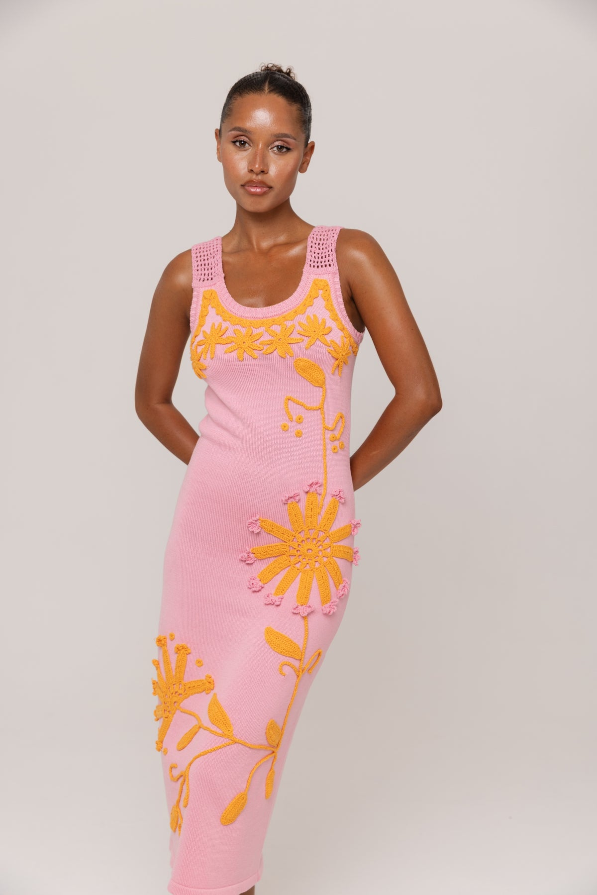 Pink Knit Midi Dress with Golden Handmade Floral Embroidery