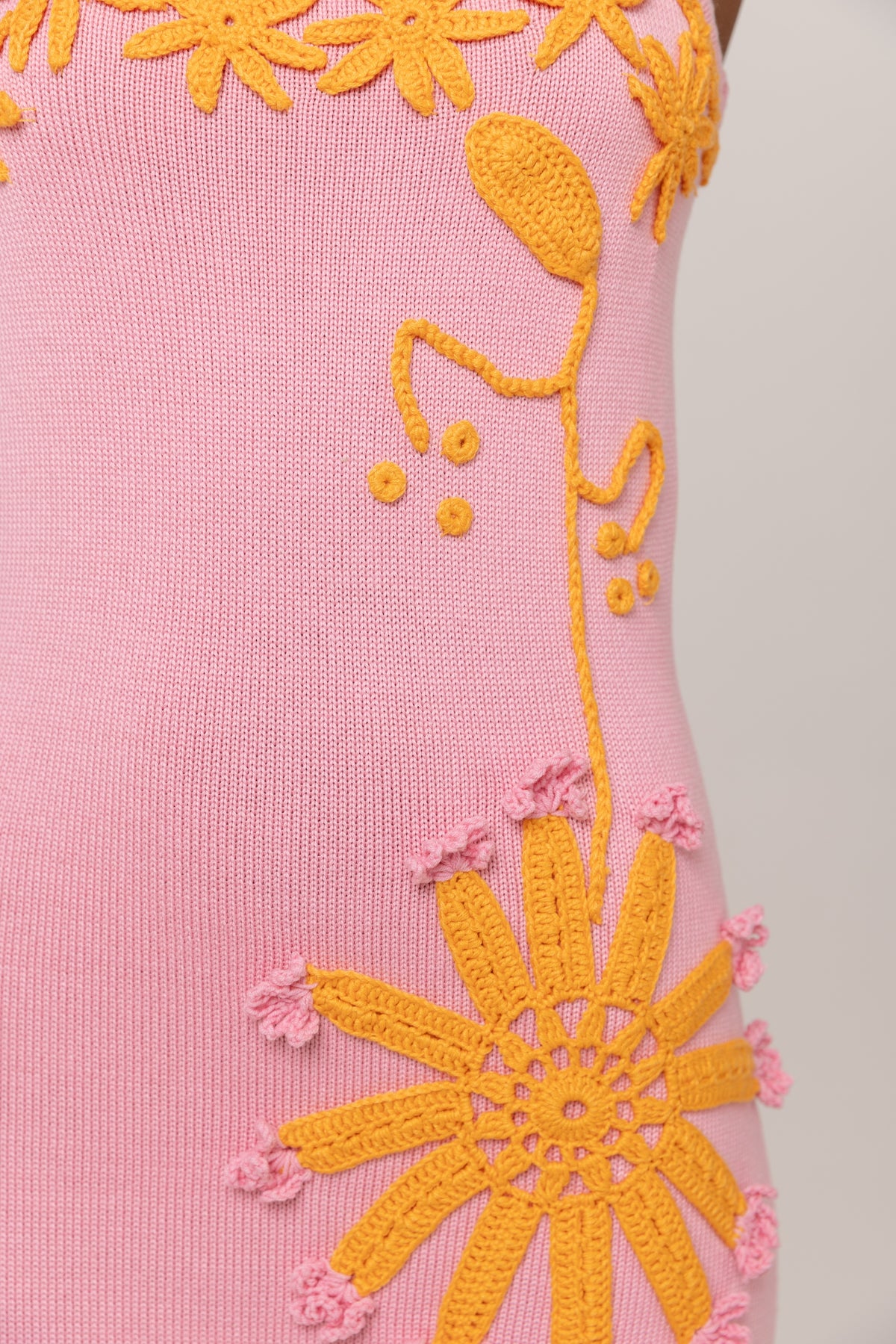 Pink Knit Midi Dress with Golden Handmade Floral Embroidery