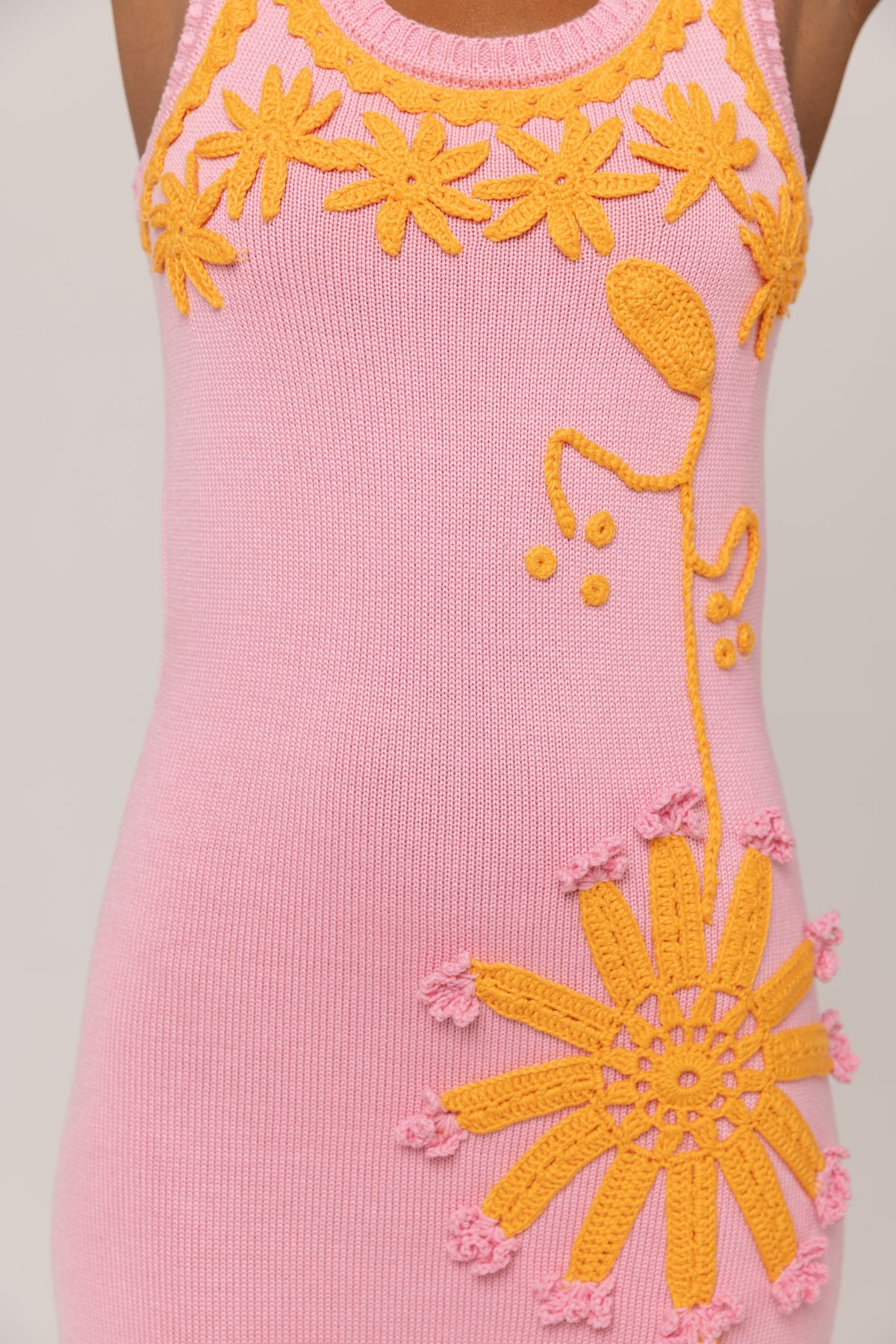 Pink Knit Midi Dress with Golden Handmade Floral Embroidery
