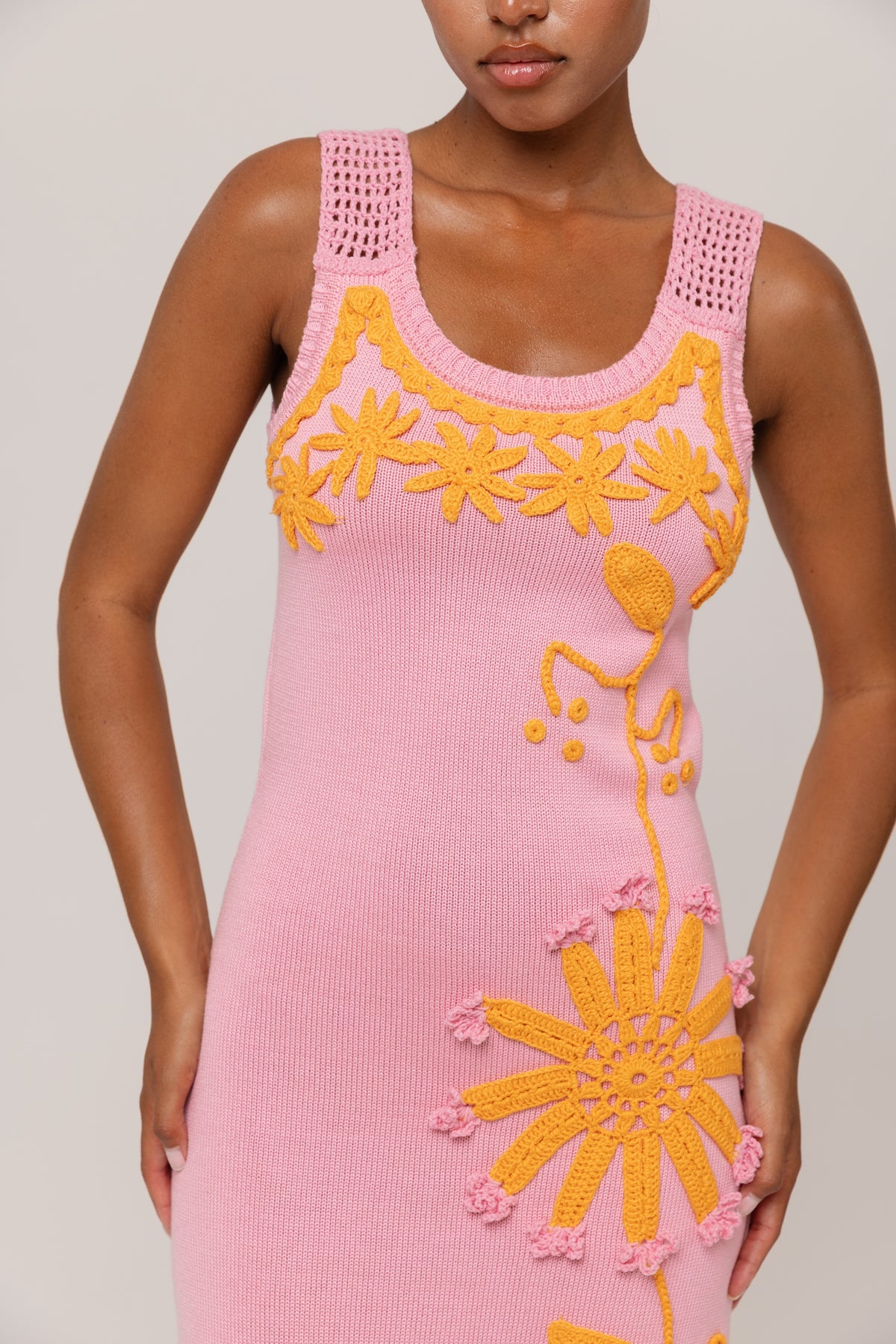 Pink Knit Midi Dress with Golden Handmade Floral Embroidery