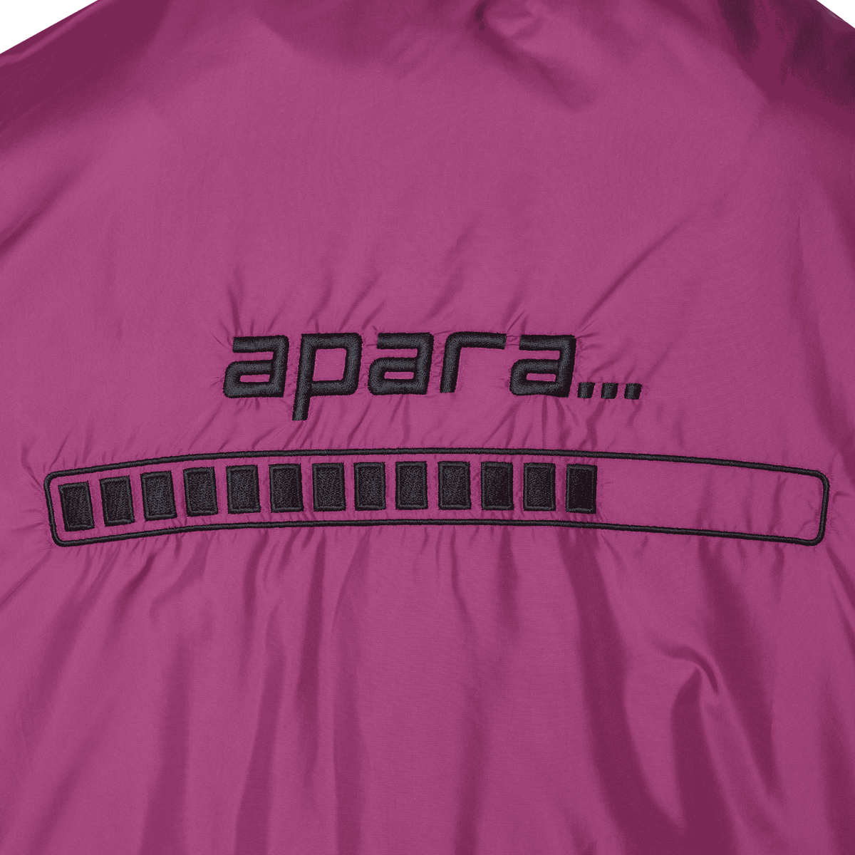 Purple jacket with &#39;apara&#39; logo on a purple background