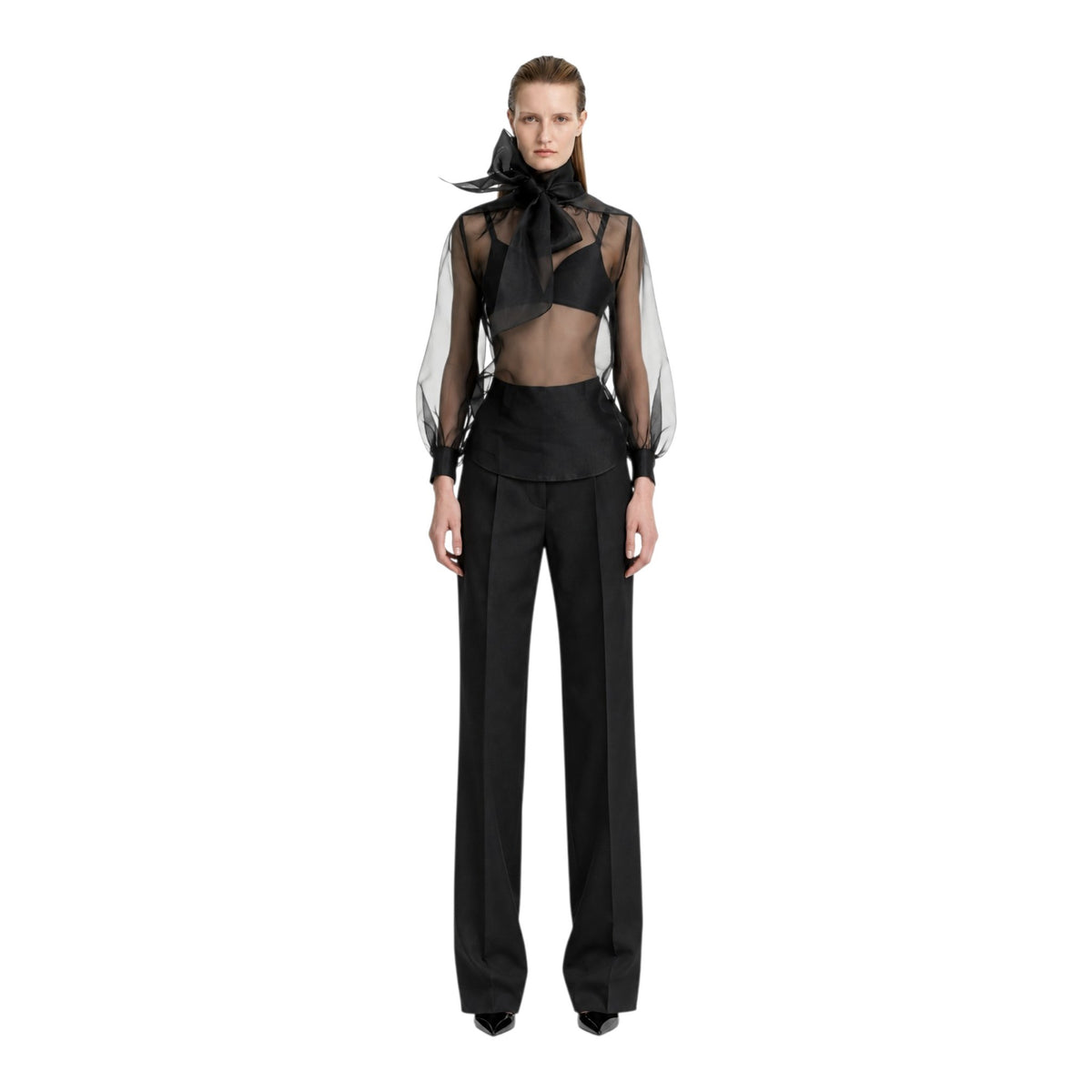 ZHYUN.K organza tie blouse, front view worn by model, women's designer blouse, buy at DOORS NYC