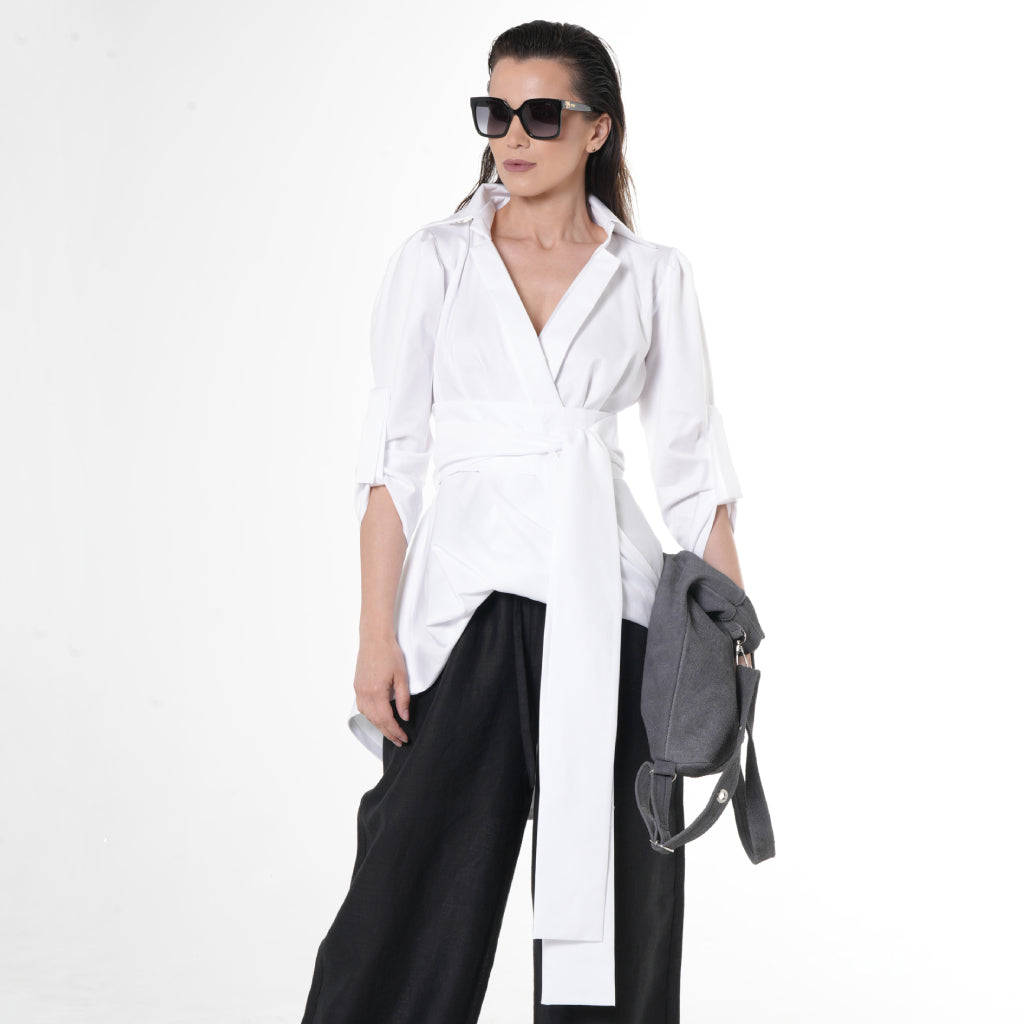 METAMORPHOZA - White Oversized Cotton Shirt with Belt and High-Low Hem, buy at DOORS NYC