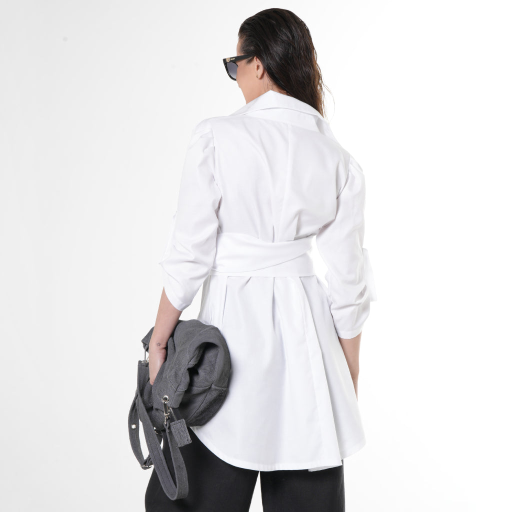 METAMORPHOZA - White Oversized Cotton Shirt with Belt and High-Low Hem, buy at DOORS NYC