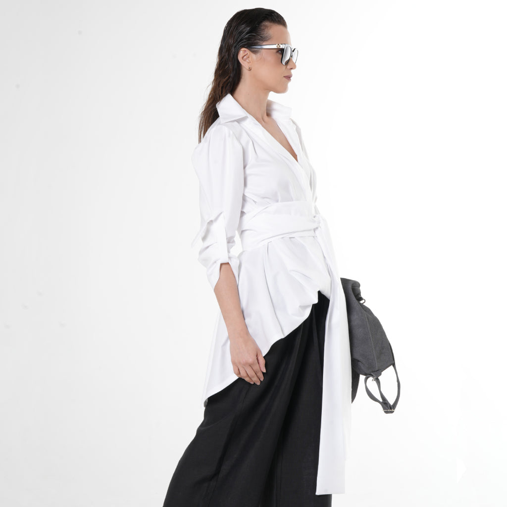 METAMORPHOZA - White Oversized Cotton Shirt with Belt and High-Low Hem, buy at DOORS NYC