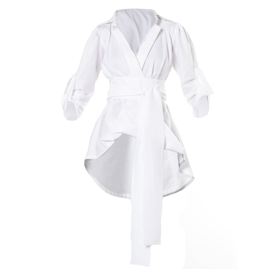 METAMORPHOZA - White Oversized Cotton Shirt with Belt and High-Low Hem, buy at DOORS NYC