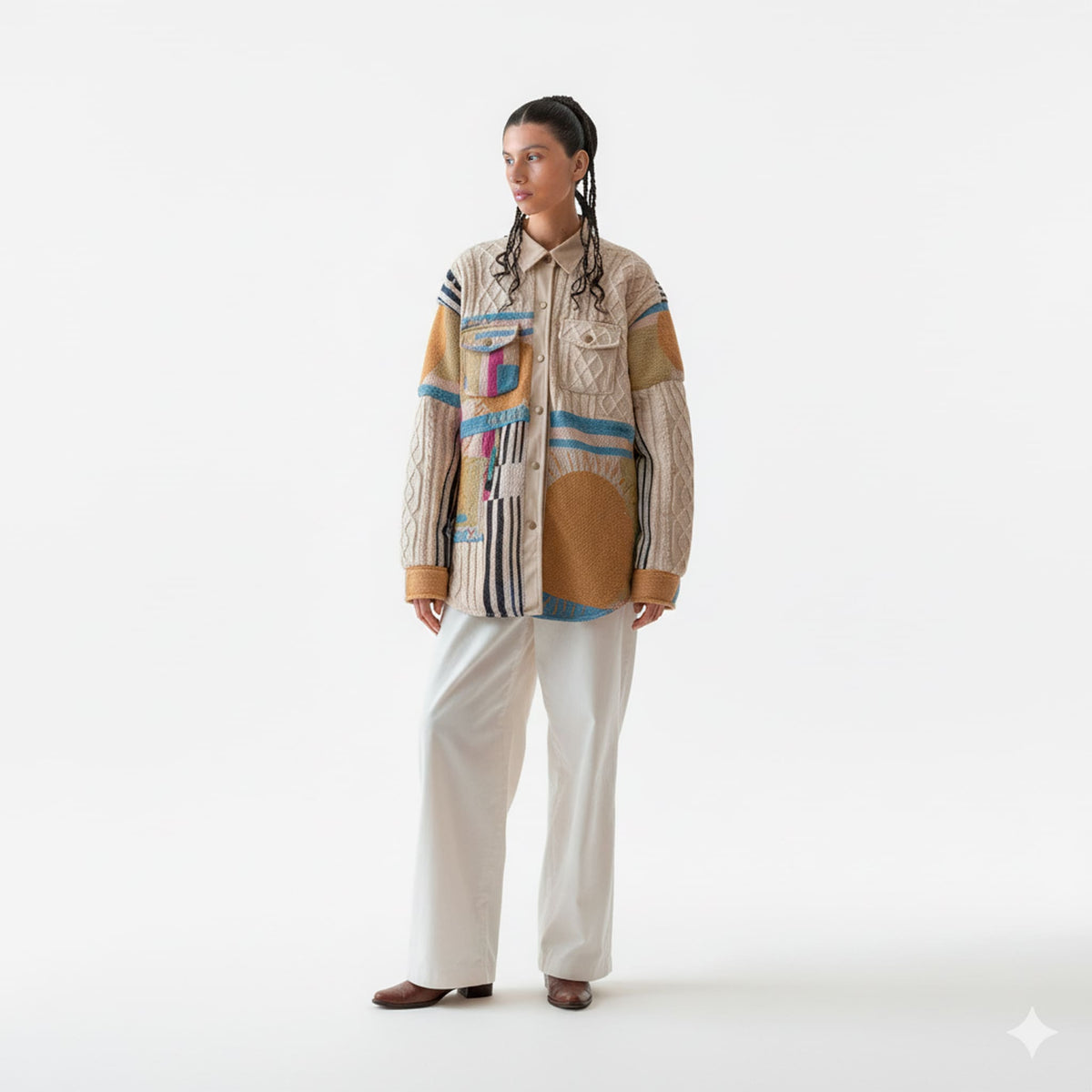 Person wearing a patterned jacket and white pants on a white background