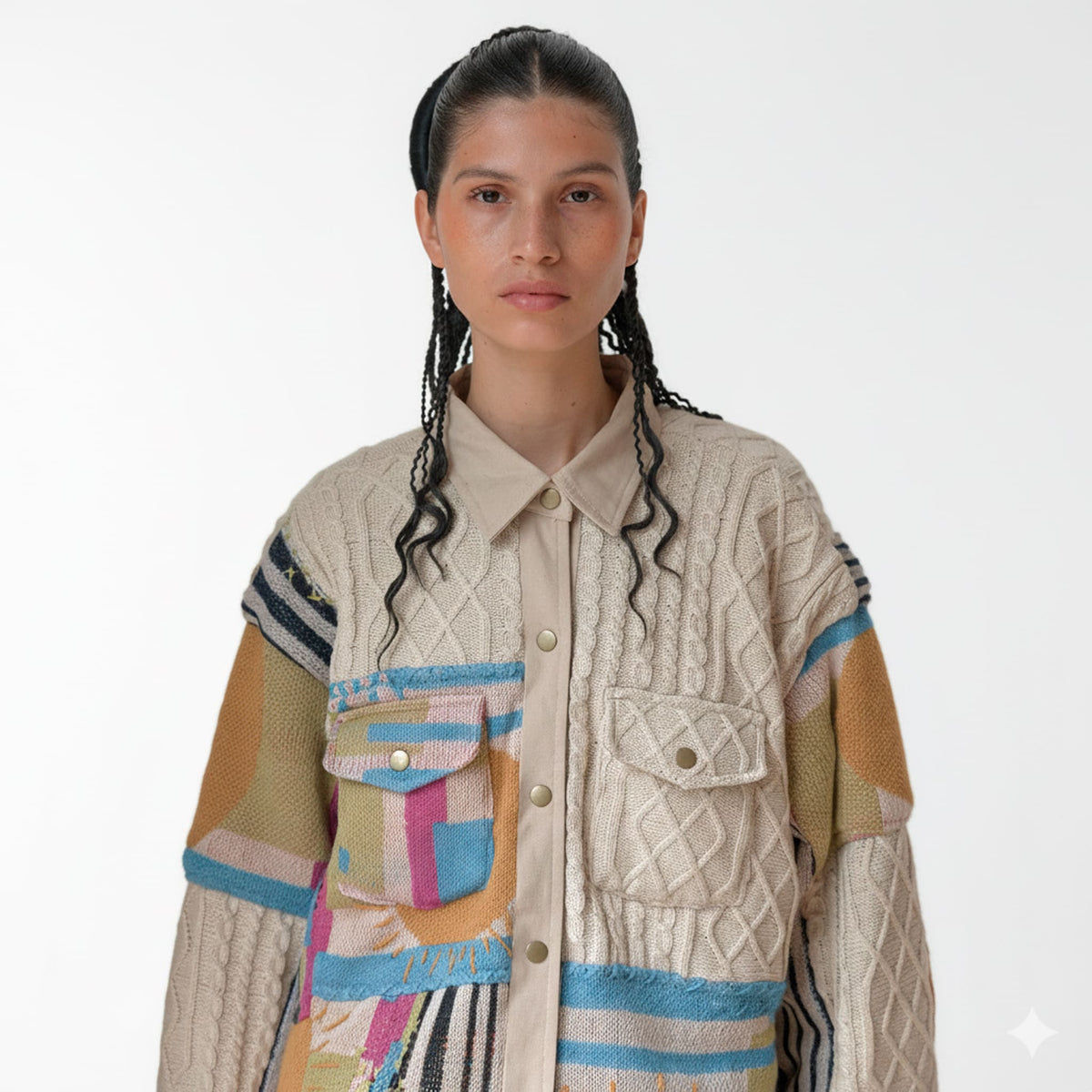 Person wearing a patterned jacket with a neutral background