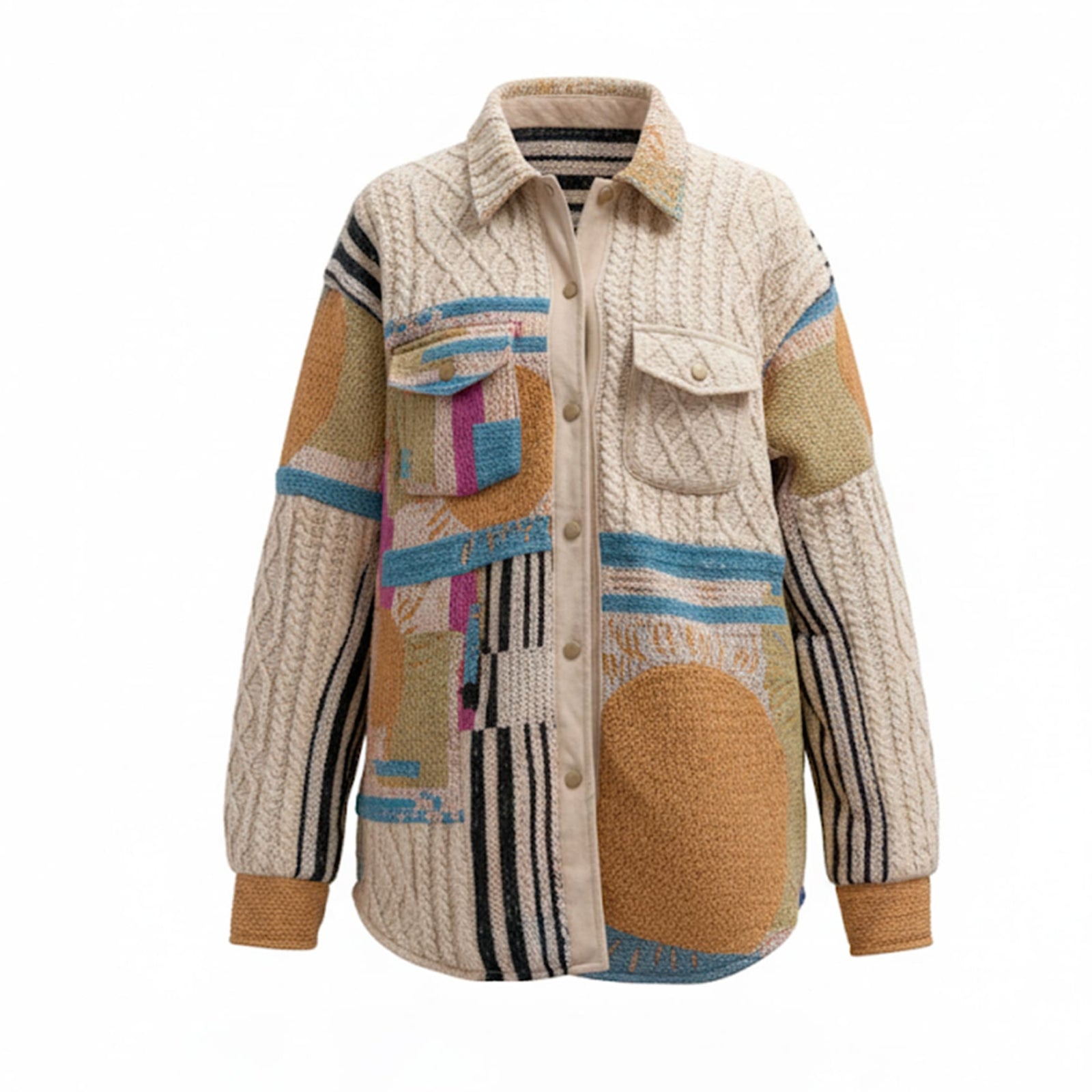 Patterned jacket with a mix of colors on a white background