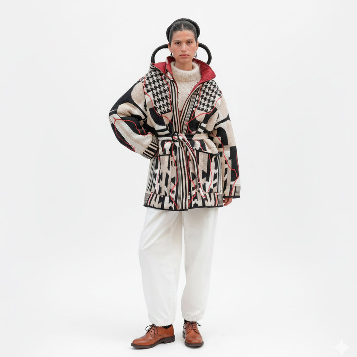 Person wearing a patterned coat with a white background