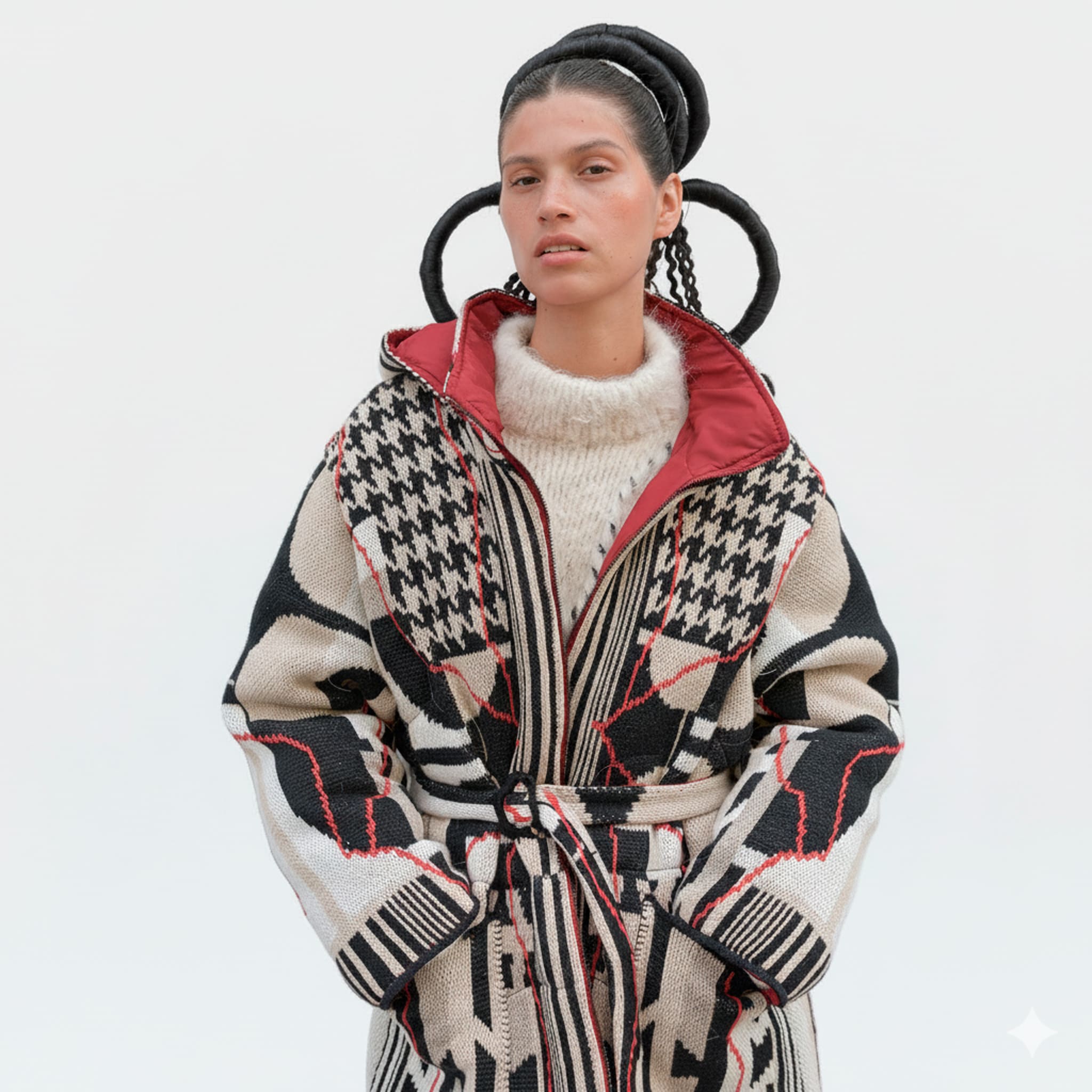 Person wearing a patterned coat with a white background