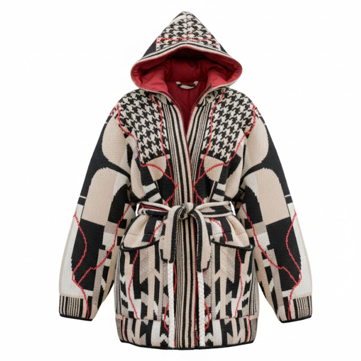 Patterned hoodie with a belt on a white background
