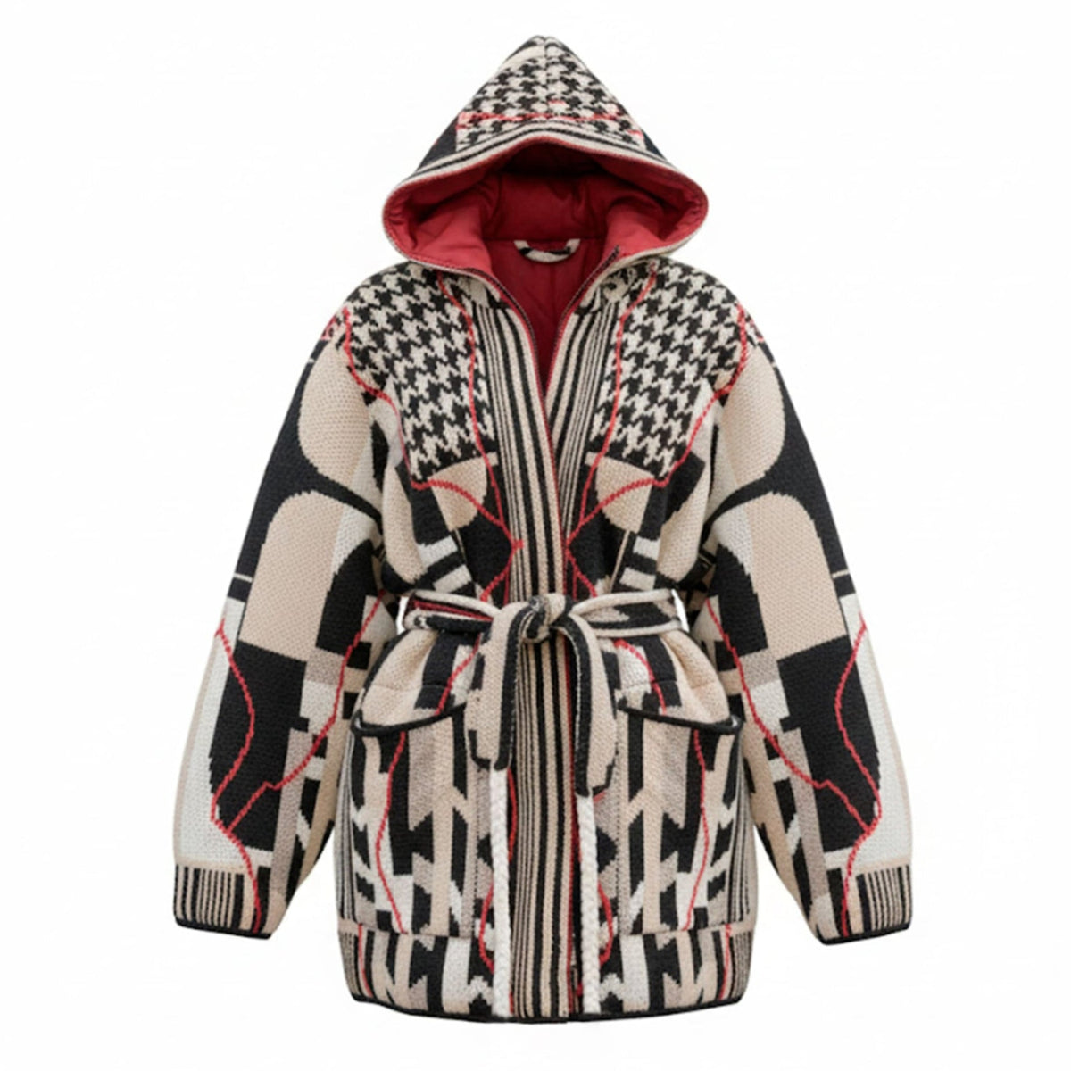 Patterned hoodie with a belt on a white background