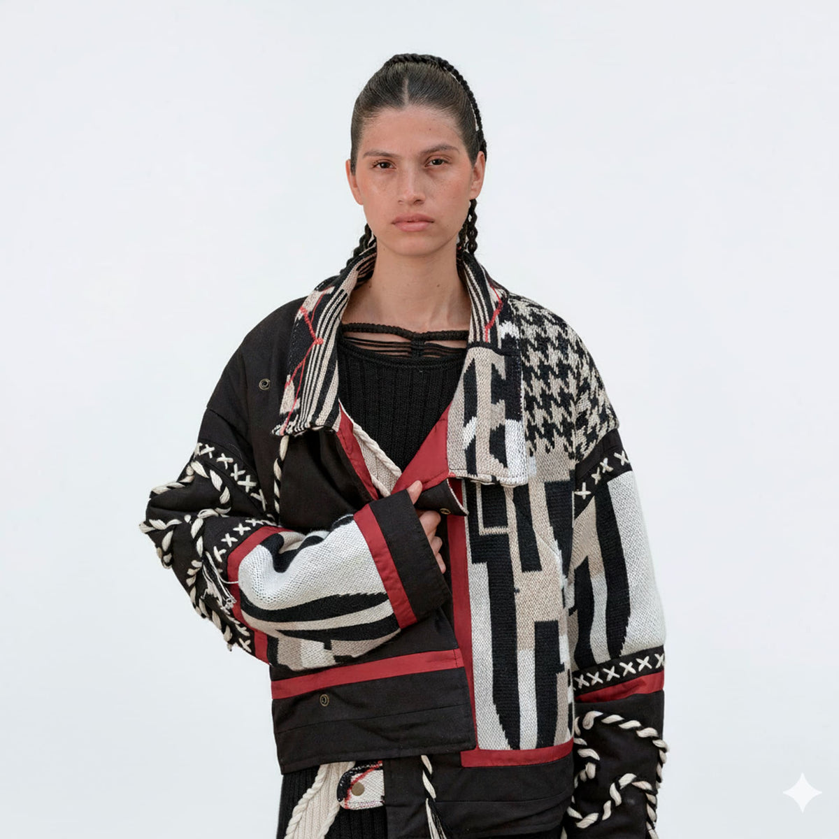 Person wearing a patterned cardigan on a white background