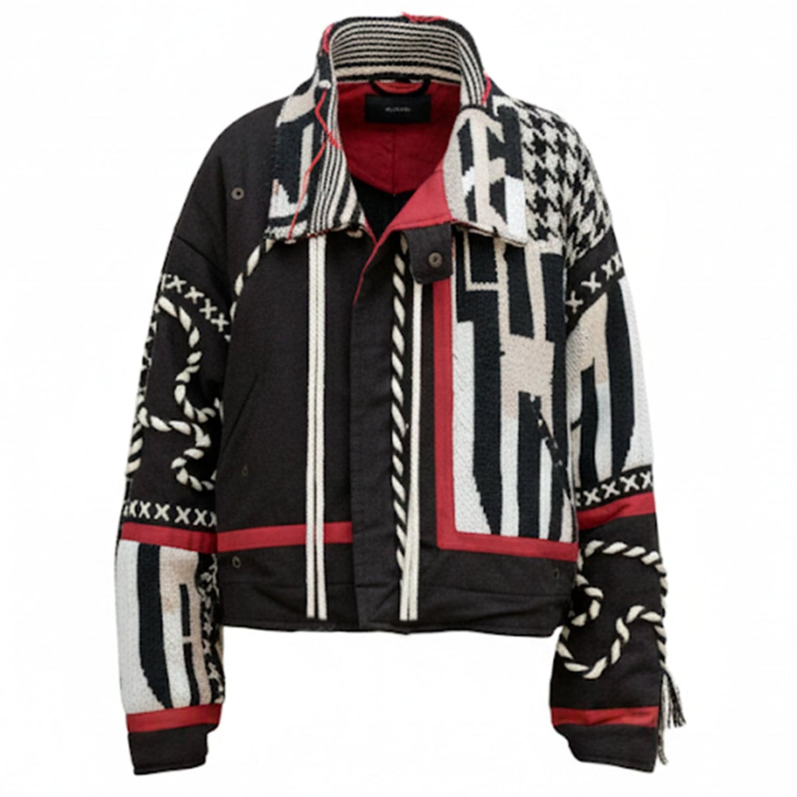 Patterned jacket with black, white, and red design on a white background