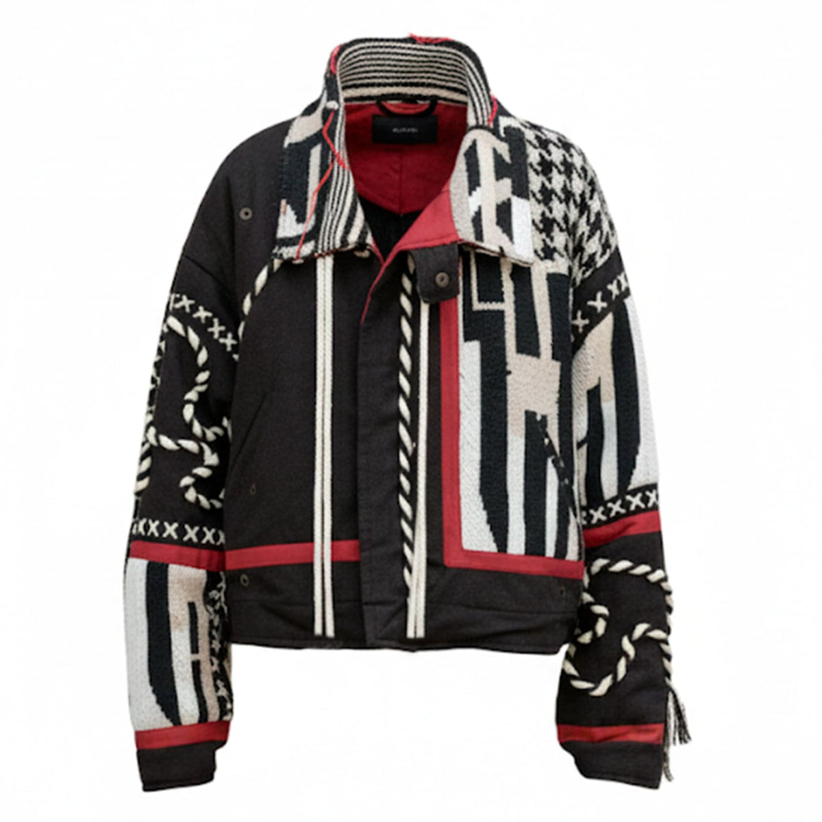Patterned jacket with black, white, and red design on a white background