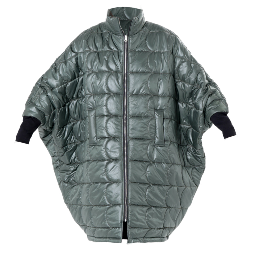 The METAMORPHOZA Oversized Balloon Coat with Voluminous Silhouette features a dark green quilted design, high collar, front zipper, black inner sleeves, and rounded sleeves—a luxury independent designer PR sample.