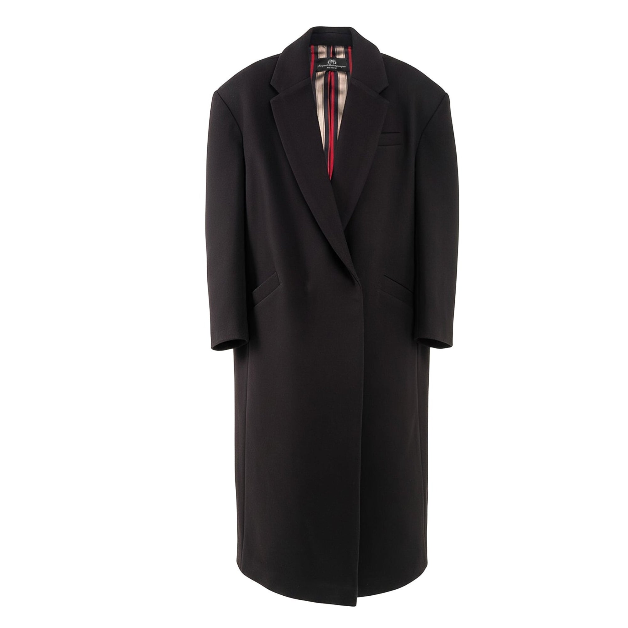 Black coat with a plaid patterned lining on a white background