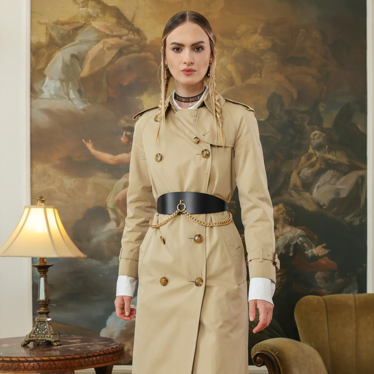 Black leather belt with gold chain