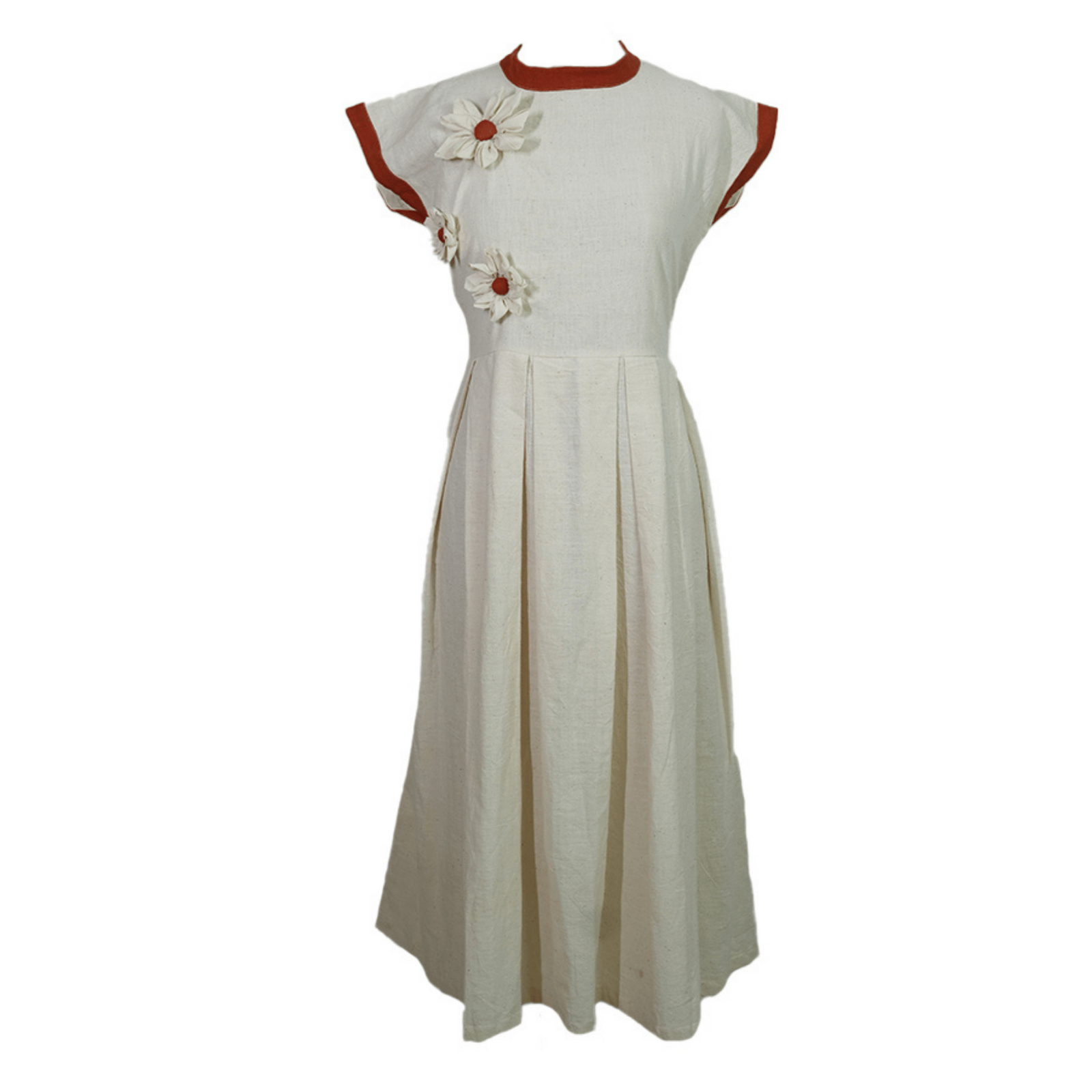 The JIWYA Papiha Midi Dress | PR Sample is a cream vintage-inspired high-neck dress with a fitted waist, short sleeves, flared skirt, red trim, and upcycled 3D floral accents on the bodice and waist for a unique touch.