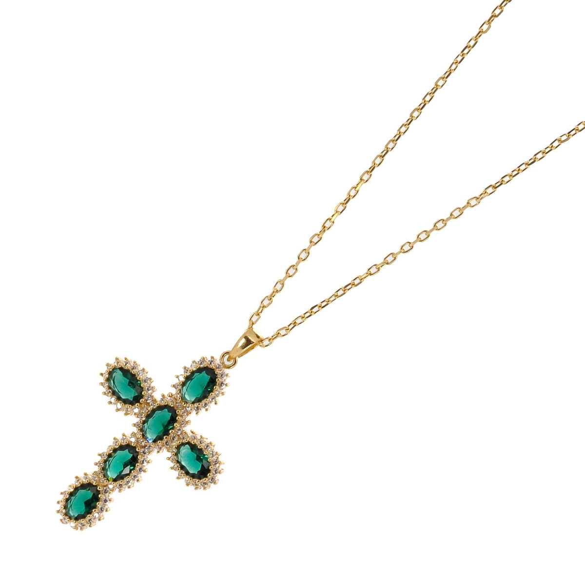 Chic Gold Cross Necklace with Green Jade and Diamond Accents