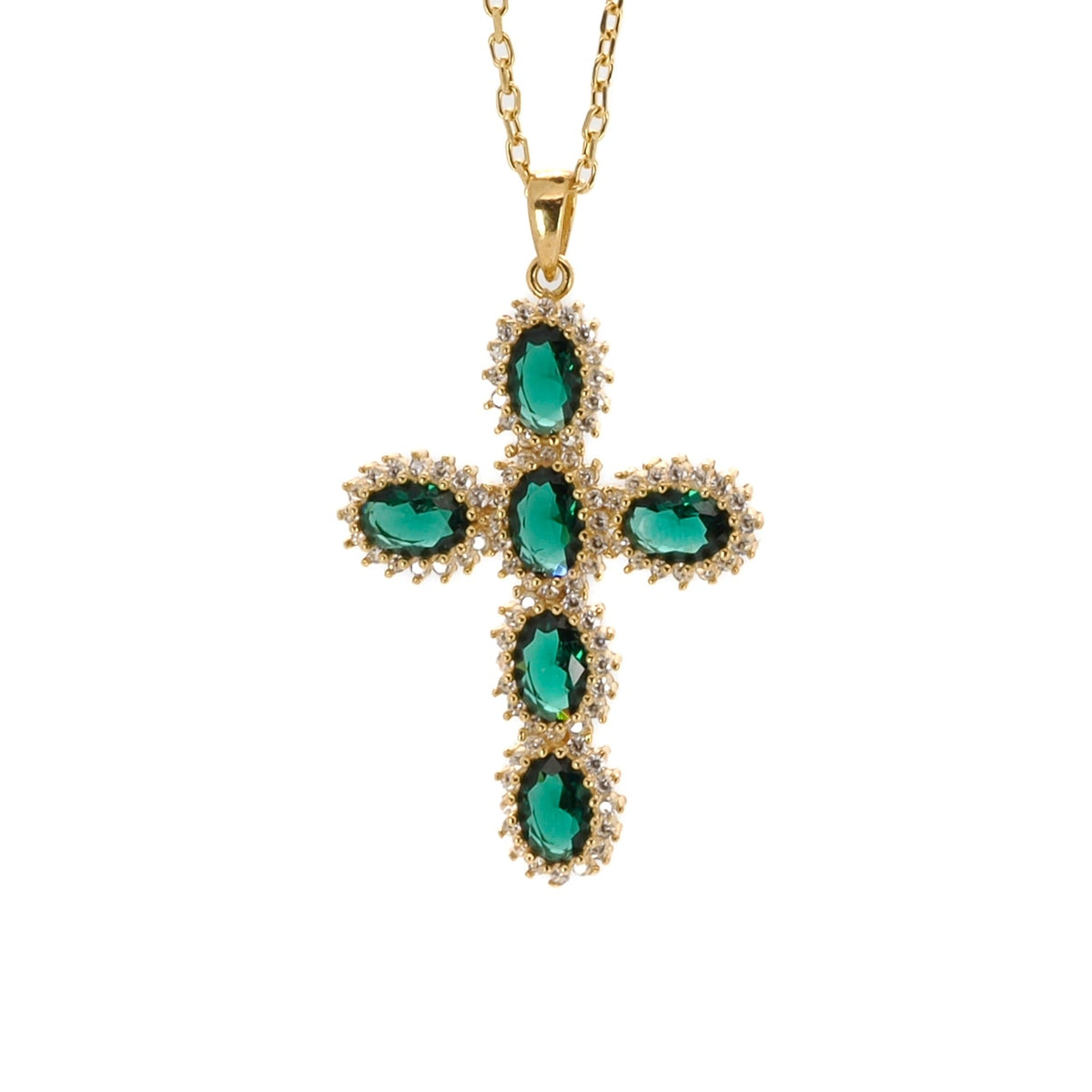 Passion Diamond &amp; Green Jade Stone Cross Pendant Necklace with 18K Gold Plating