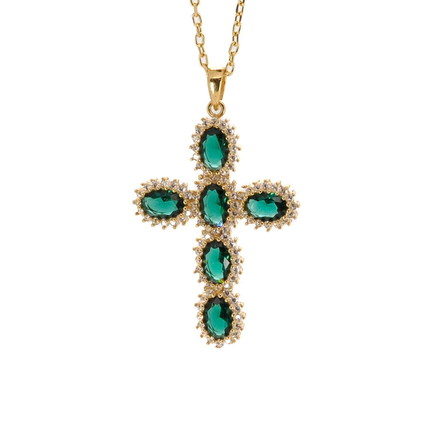 Passion Diamond & Green Jade Stone Cross Pendant Necklace with 18K Gold Plating