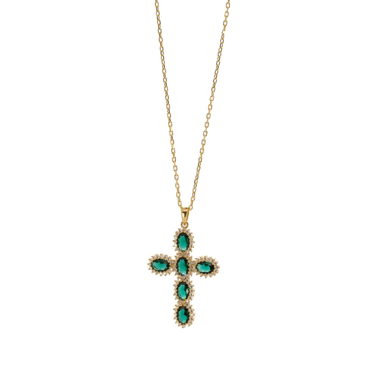 Elegant Passion Cross Necklace with Diamonds and Green Jade Stone