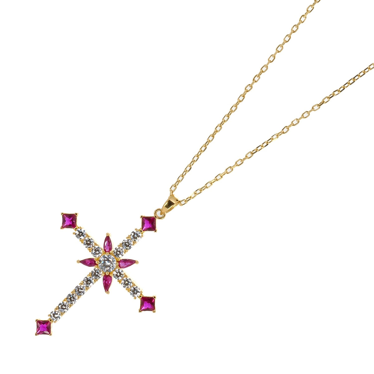 Classic Ruby and Diamond Cross Pendant Necklace