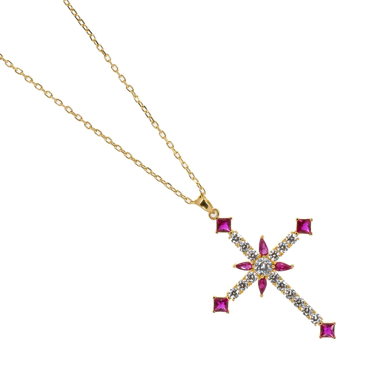 Stylish Cross Pendant Necklace with Ruby and Diamonds