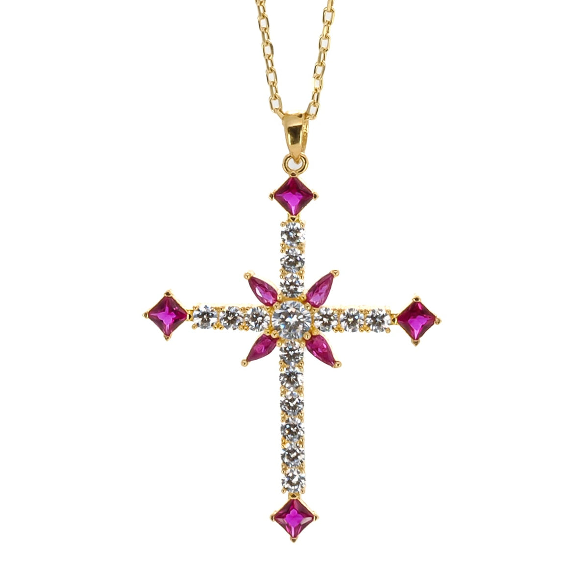 Passion Diamond &amp; Ruby Stone Cross Pendant Necklace with 18K Gold Plating
