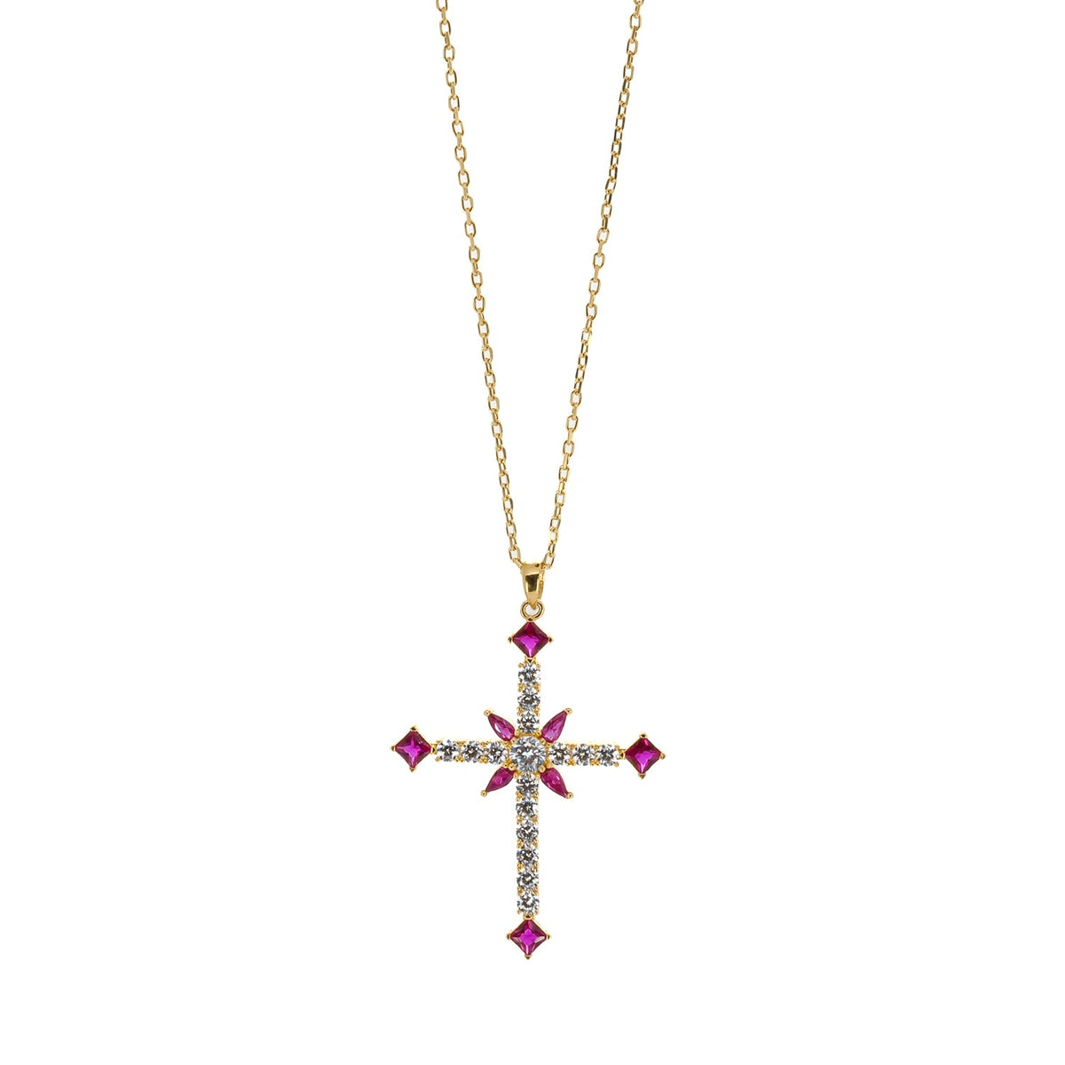 Elegant Passion Cross Necklace with Diamonds and Ruby Stone