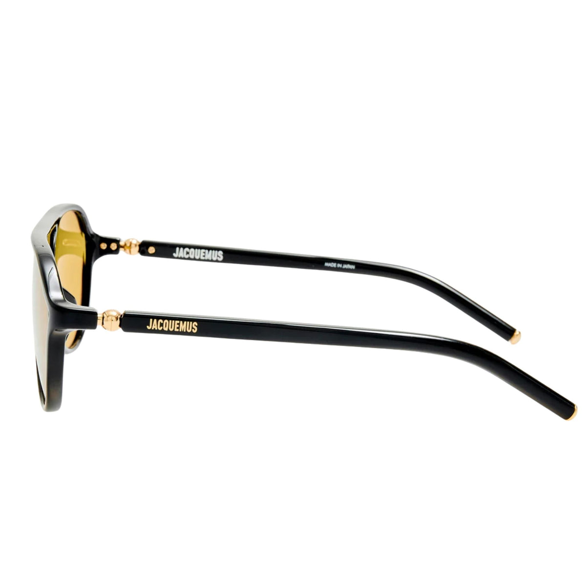 Sunglasses with black frame and gold accents on a white background