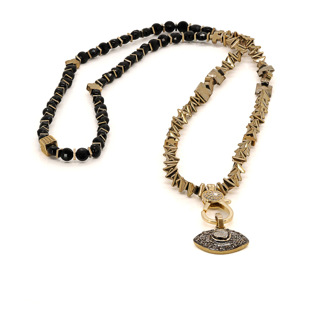Black Onyx Beaded Necklace with Protective Pave Diamond Pendant