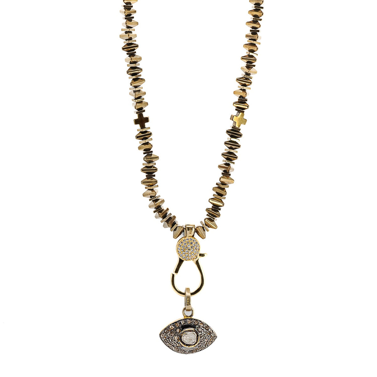 Pave Diamond Gold Evil Eye Pendant Black Onyx Beaded Necklace