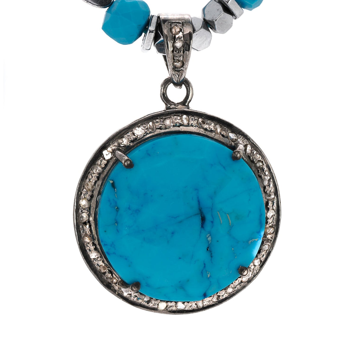 Handcrafted Pave Diamond &amp; Turquoise Pendant Necklace