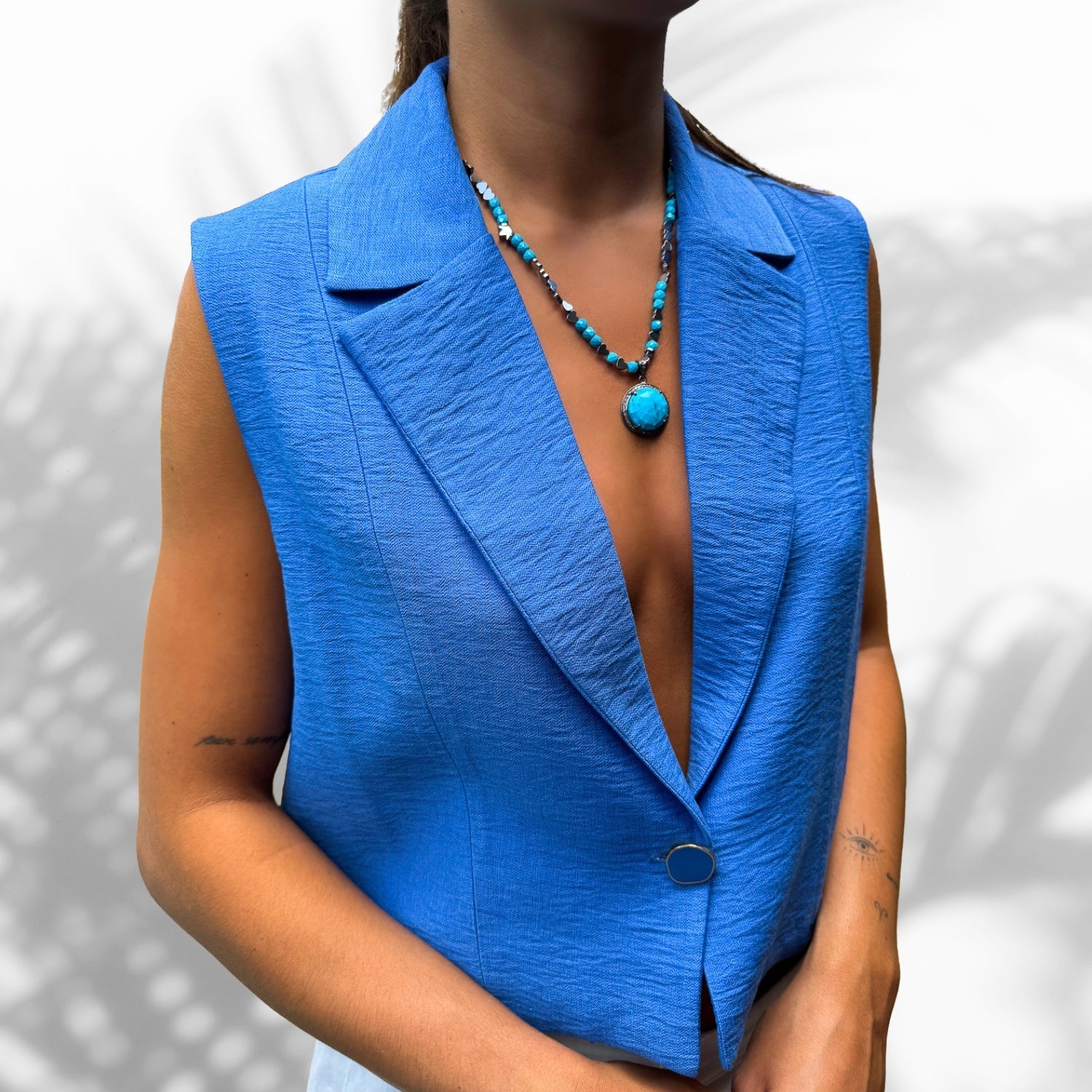 Silver Heart Hematite Stone Beaded Necklace with Turquoise Pendant