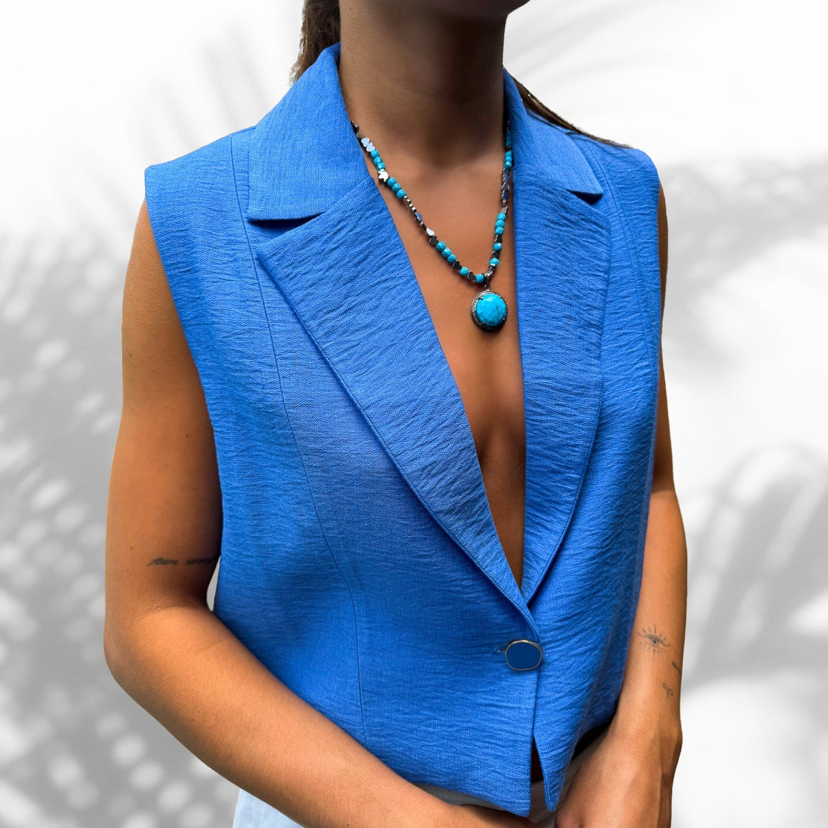 Silver Heart Hematite Stone Beaded Necklace with Turquoise Pendant