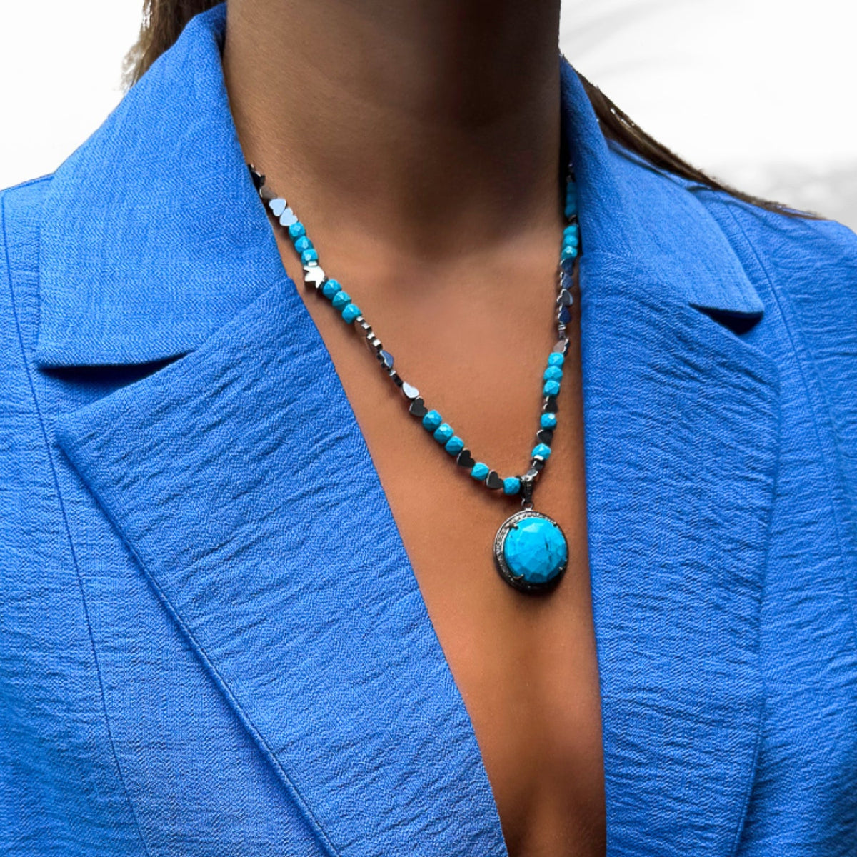 Elegant Turquoise Gemstone Necklace with Silver Heart Hematite Beads