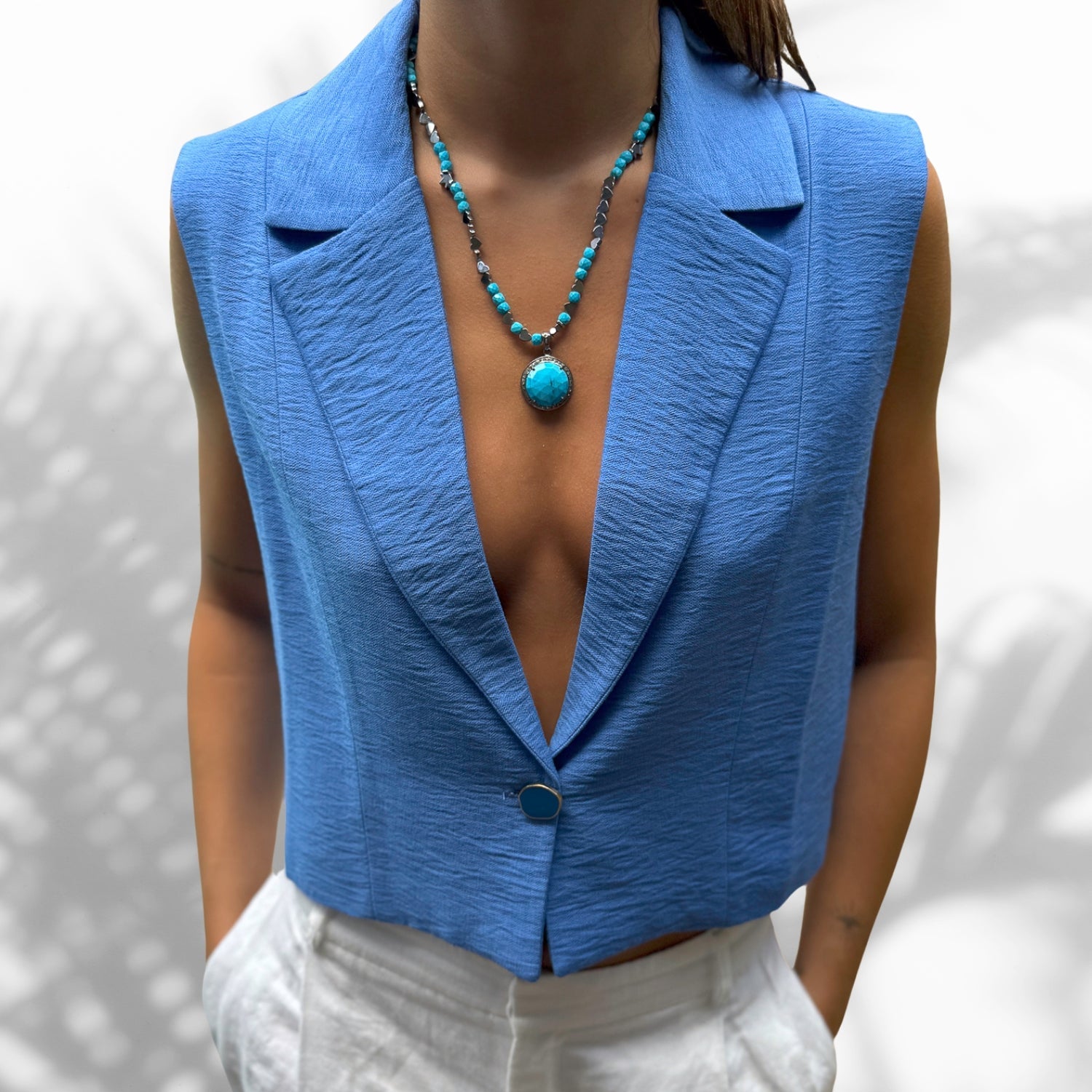 Turquoise Gemstone Pendant Necklace with Silver Hematite Stones