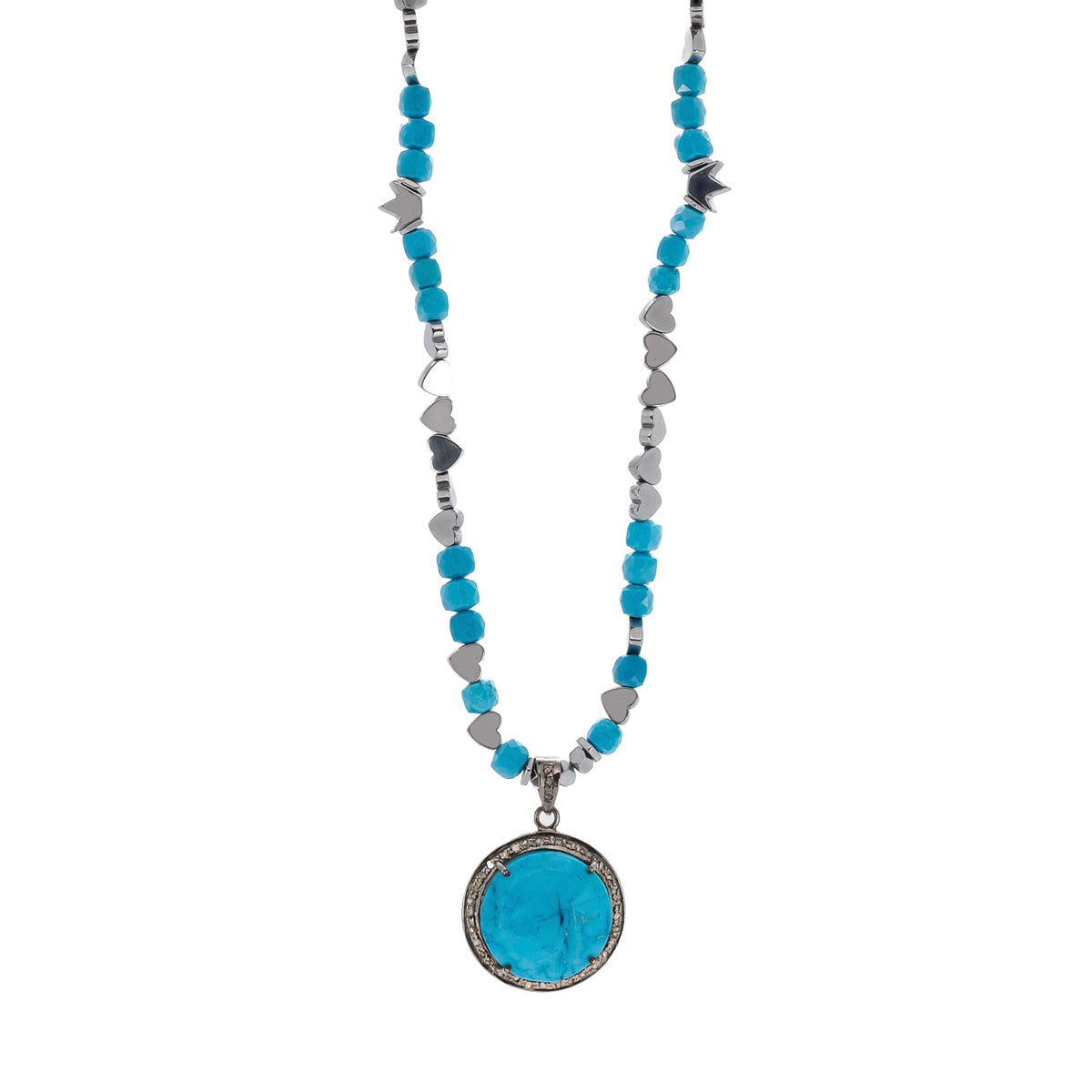 Pave Diamond Pendant Necklace with Healing Turquoise Gemstone