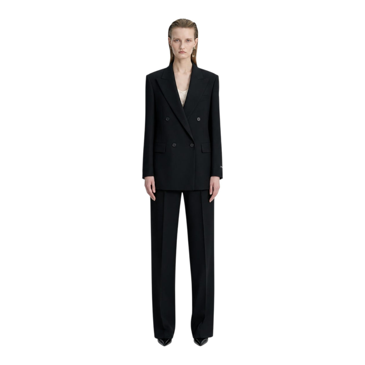 ZHYUN.K black peaked-lapel jacket, front view worn by model, women's tailored blazer, buy at DOORS NYC