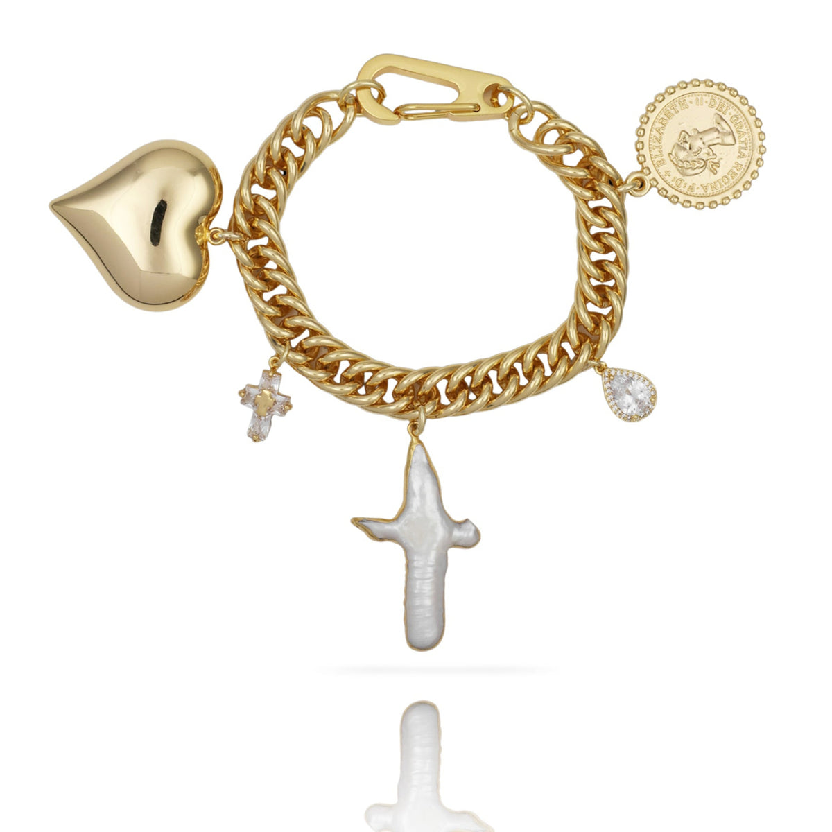 Pearl Cross and Puffy Heart Chunky Charm Bracelet