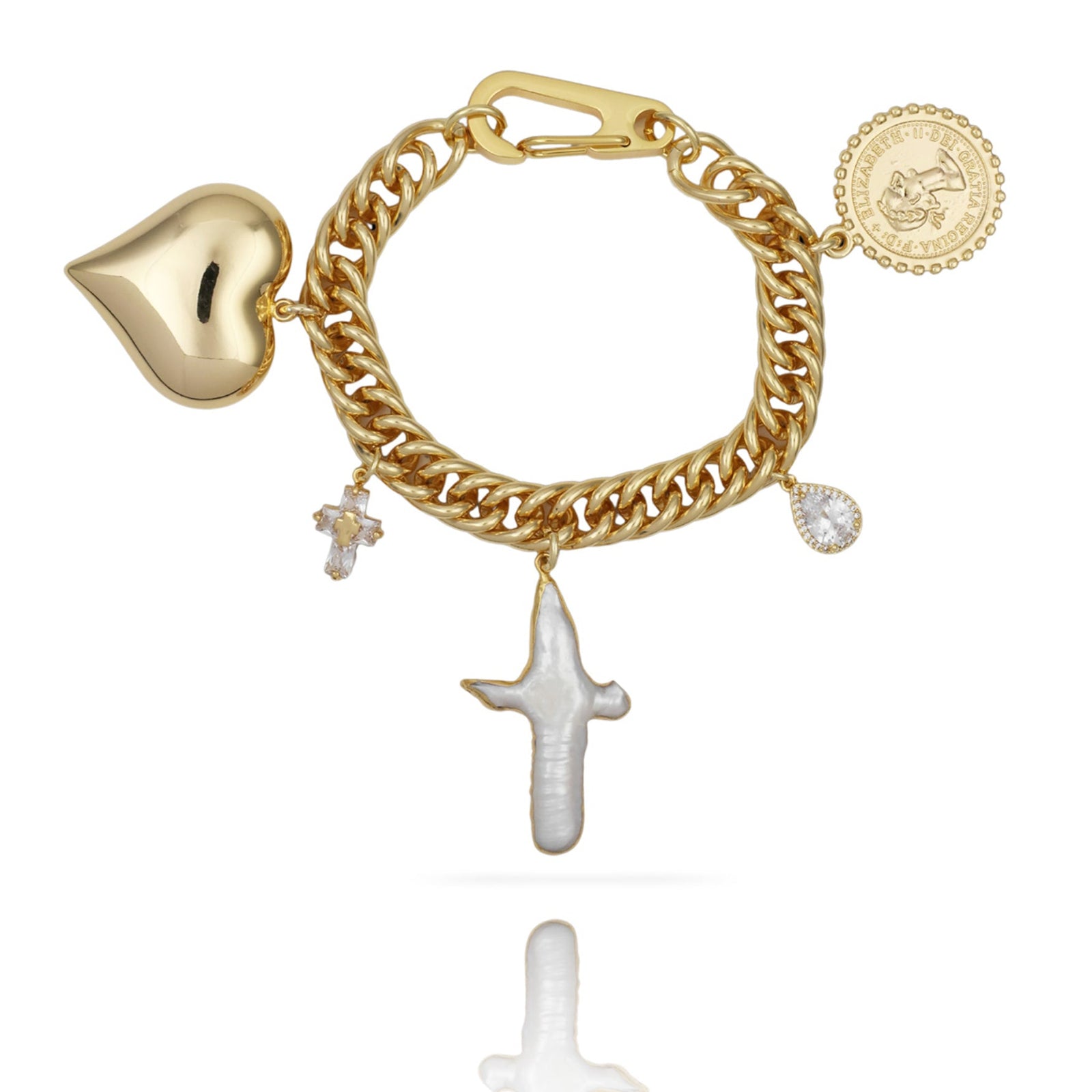 Pearl Cross and Puffy Heart Chunky Charm Bracelet