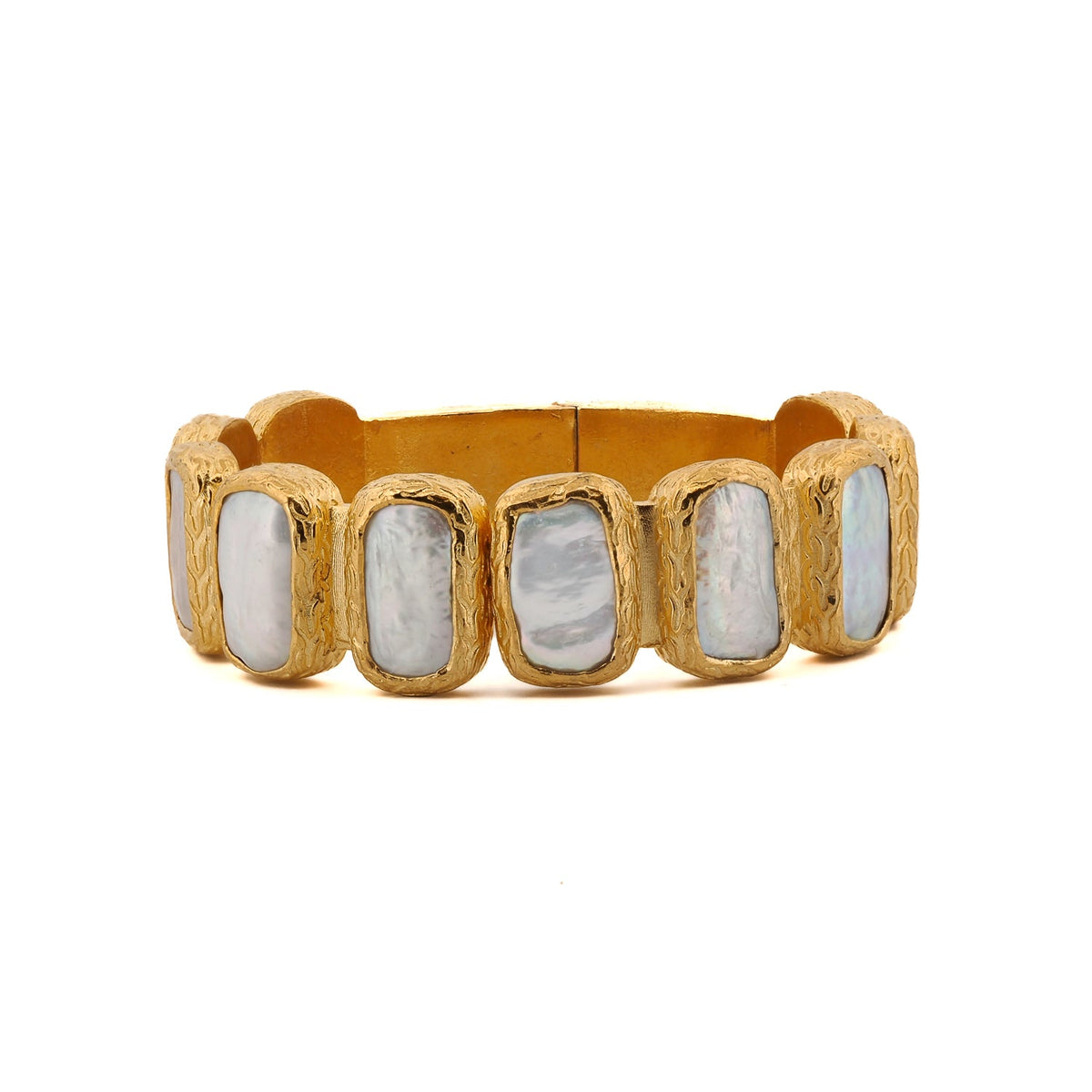 Elegant Brass Cuff Bracelet with Lustrous Pearls