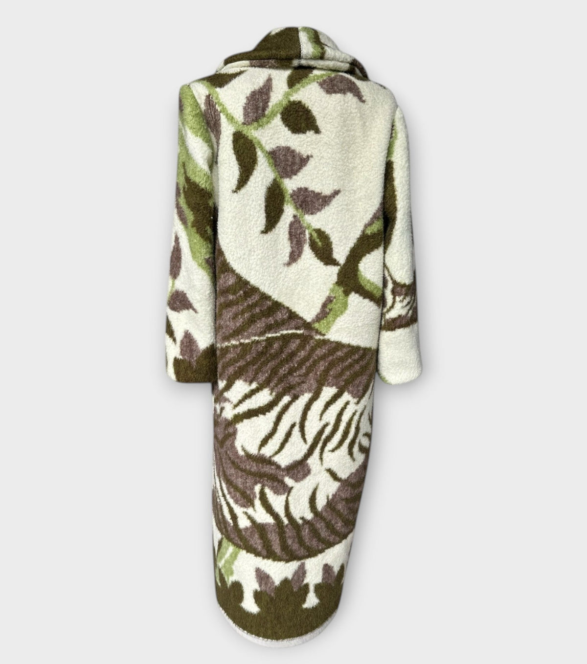 STUDIO WUNDERBAR Greenish Tiger Coat: cream and olive green teddy long coat with botanical and tiger pattern in chocolate brown, moss green and ivory, upcycled one-of-a-kind coat, alternate angle, buy at DOORS NYC